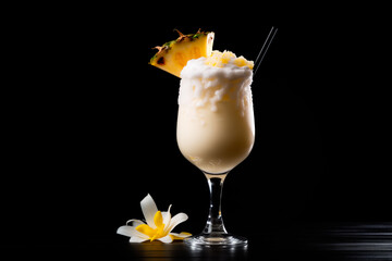 The classic Pina Colada with pineapple, coconut and creamy white top presented in a chilled glass with straw