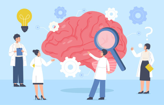 Brain health. Medical research and therapies, support of mental and mind. Prevention and treatment problems, psychology snugly vector scene