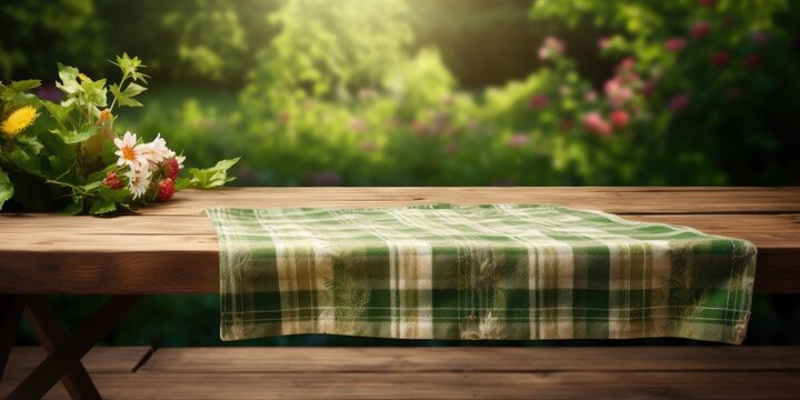 Wooden desk with a garden tablecloth.