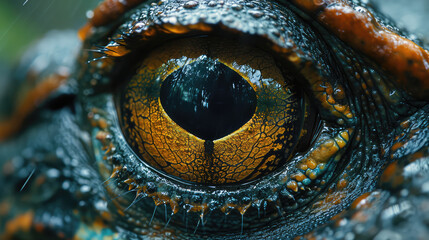 Close-up of a reptile's eye with orange hue.