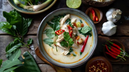 Thailand's delicious national dish, soup Tom kha gai  - obrazy, fototapety, plakaty
