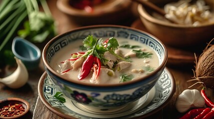 Thailand's delicious national dish, soup Tom kha gai  - obrazy, fototapety, plakaty