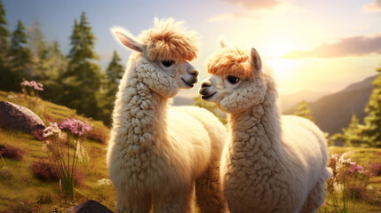 Fototapeta premium Hyper realistic two super cute alpacas in love, kissing, green field background created with Generative Ai