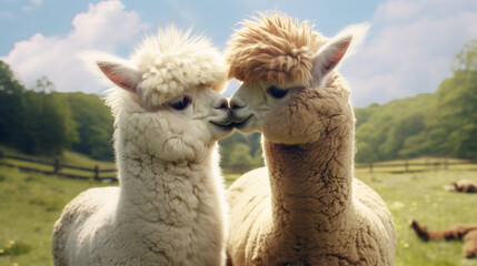 Fototapeta premium Hyper realistic two super cute alpacas in love, kissing, green field background created with Generative Ai