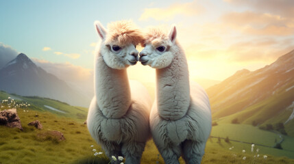 Fototapeta premium Hyper realistic two super cute alpacas in love, kissing, green field background created with Generative Ai