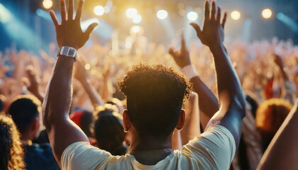 Crowd raising their hands at music concert. Audience enjoying rock, dance, edm and club festival party