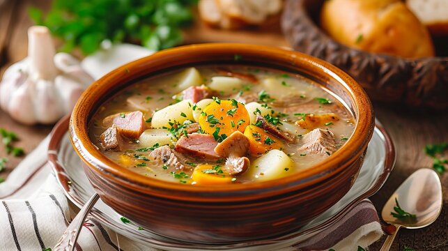 Polish soup zurek with egg and sausage.