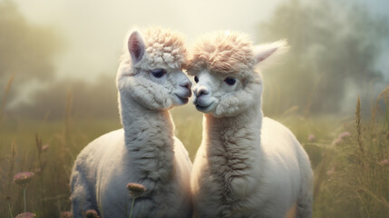 Obraz premium Hyper realistic two super cute alpacas in love, kissing, green field background created with Generative Ai