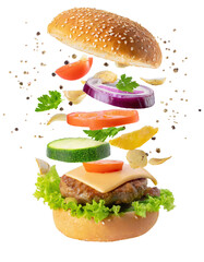  Delicious burger with floating ingredients - isolated