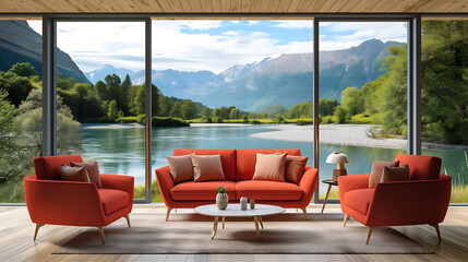 Coral color sofa and armchair against window with river and mountain view. Scandinavian home interior design of modern living room in chalet