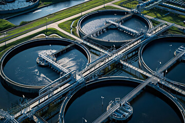 Aerial View of Modern Wastewater Treatment Plant, Urban Water Cleaning Facility in Action