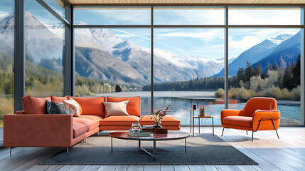 Coral color sofa and armchair against window with river and mountain view. Scandinavian home interior design of modern living room in chalet