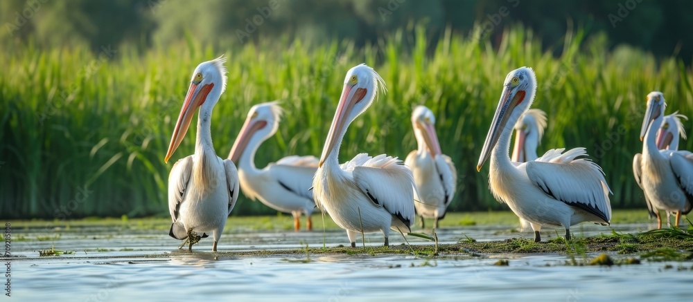 Wall mural Pelicans, herons, and egrets peacefully showcase biodiversity in the Danube Delta's natural ecosystem.