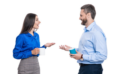 Business colleague at coffee break isolated. Businesspeople communicating with cup. Colleagues having business meeting. Corporate break of businesspeople. Coffee break in office. The office culture