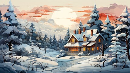 Watercolor winter house with pine tree forest illustration background