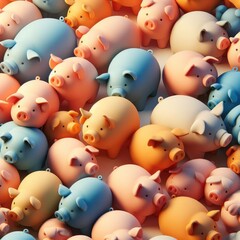 3D background with fill of pig patterns. 3D background with cartoon clay minimalist patterns of pigs.
