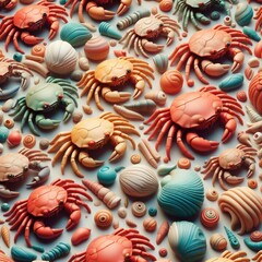 Colorful crabs and shells in a vibrant 3D underwater scene. 3D background with cartoon clay minimalist patterns of crabs and shells.