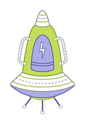 Flying saucer. Purple green ufo on legs. Cartoon, vector
