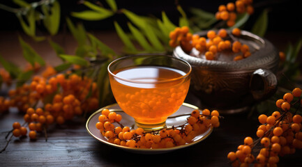 Sea buckthorn tea in a transparent glass teapot and cups with fresh berries and sea buckthorn leaves. Herbal vitamin tea. Soft sunlight. - obrazy, fototapety, plakaty