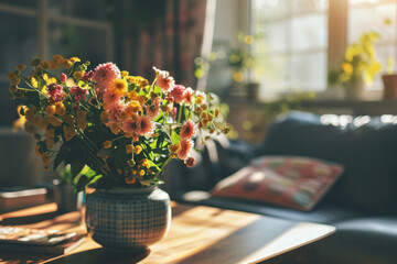 Spring flowers bouquet in vase on table in living room with morning sun light. Stylish apartment interior with blooming flowers - obrazy, fototapety, plakaty