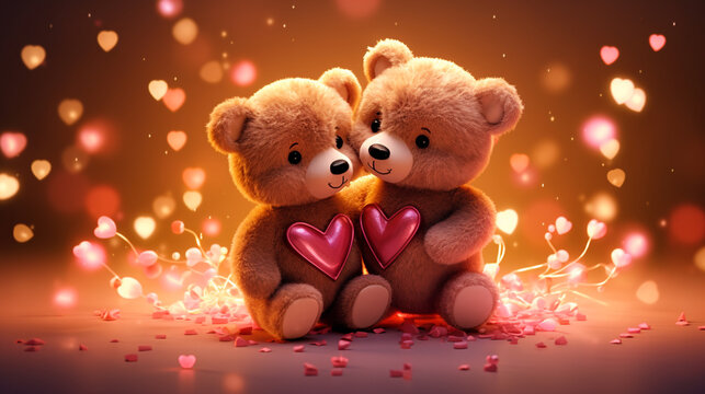 Hyper realistic two super cute teddy bears hugging, papercut hearts, confetti created with Generative Ai