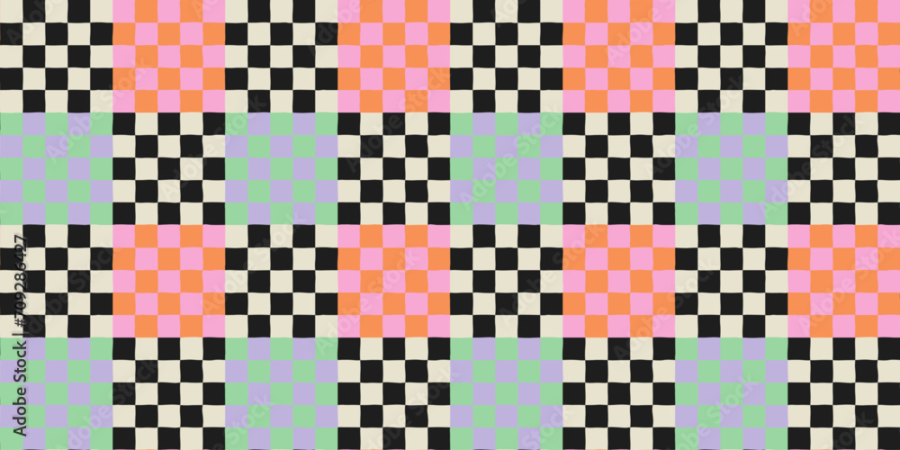 Poster colorful trendy checker board square seamless pattern illustration. groovy geometric checkered backg