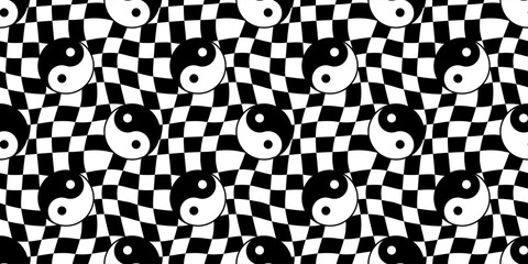 Ying yang symbol checkered seamless pattern illustration. Vintage psychedelic groovy yoga background. Black and white wallpaper print, trendy wavy checker board peace texture.