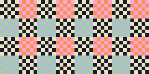 Colorful trendy checker board square seamless pattern illustration. Groovy geometric checkered background in vintage style. 