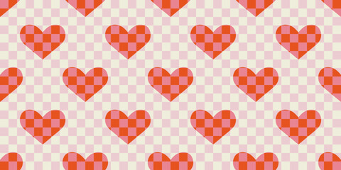 Red love heart seamless pattern illustration. Checkered romantic pink hearts background print. Valentine's day holiday backdrop texture, romantic wedding design.