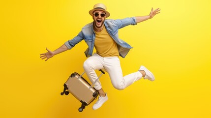 An exuberant man wearing sunglasses and a hat is leaping joyfully with a suitcase against a bright yellow background, depicting the excitement of travel