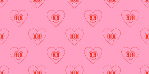 Fototapeta na wymiar Red love heart seamless pattern illustration with funny smiling face. Doodle hearts background print. Valentine's day holiday backdrop texture, romantic wedding design. 