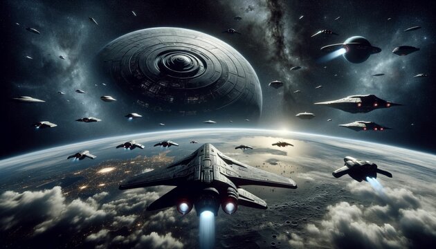 Fleet of spaceships, armada. Beautiful space. Photo wallpapers.