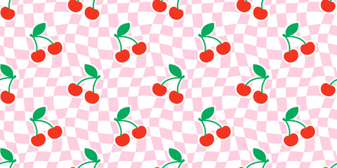 Cherry fruit checkered seamless pattern illustration. Vintage psychedelic groovy cherries background. Cute wallpaper print, trendy wavy checker board food texture.