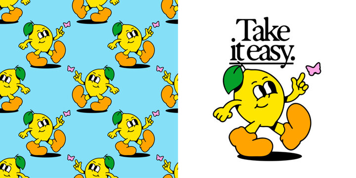 Fototapeta Vintage lemon fruit cartoon character seamless pattern. Trendy retro food mascot background. Groovy wallpaper print texture in 70s art style.