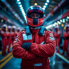 a man wearing a helmet and a red jacket