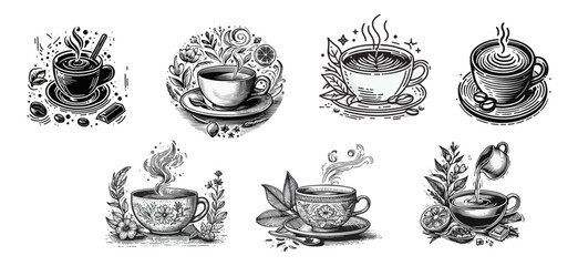 A set of drawings as icons. a cup of tea or coffee. Graphics vector graphics.