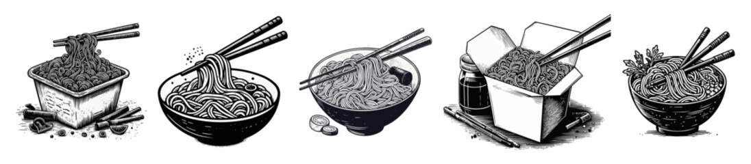 A set of drawings as icons. Chinese noodles on a plate. Graphics vector graphics. - obrazy, fototapety, plakaty