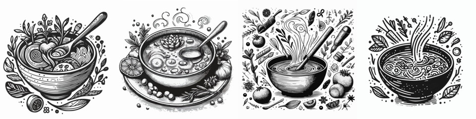 A set of drawings as icons. pour the soup in a bowl. Graphics vector graphics. - obrazy, fototapety, plakaty