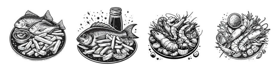 A set of drawings as icons. fish or seafood, shrimp and others are on the plate. Graphics vector graphics. - obrazy, fototapety, plakaty