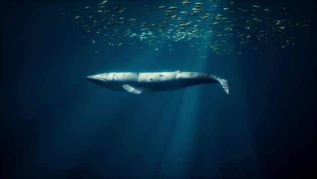A whale swimming in the ocean with a lot of fish around it