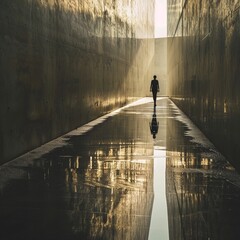 a person walking in a dark hallway