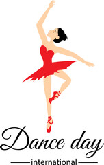 International Dance Day. Young ballerina in red on a white background.