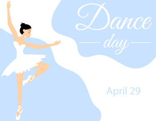 nternational Dance Day. Young cute ballerina on a light blue background.