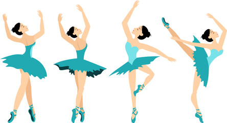 Classical ballet. Set of ballerinas in blue in ballet poses.