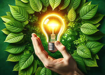 Main tenant une ampoule electrique sur un fond vert : idéal pour articles sur le climat, la terre, l’environnement, la technologie, l'écologie, l’électricité, l’énergie - obrazy, fototapety, plakaty