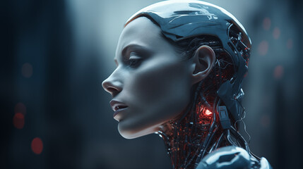 Weiblicher Android / Künstliche Intelligenz / Roboter blickt nachdenklich. Profil. Kühle ruhige Stimmung. Closeup. Illustration - obrazy, fototapety, plakaty