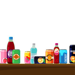 Juice bottles. Snack drinks bottles on bar shelves