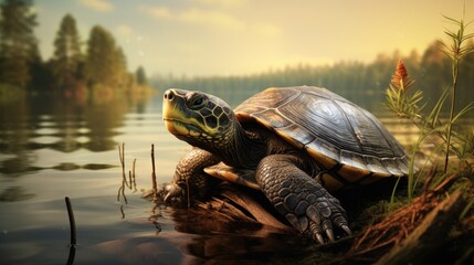 Obraz premium A big turtle, a beautiful shell. A group of wild turtles in the lake. Turtles sit on a rock and bask in the sun. Wildlife, zoo, nature reserve.