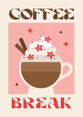 Coffee break poster. Coffee with milk, latte, cappuccino, americano, flat white. Colorful wall art. Retro posters with drink. Modern trendy print. Cute design. Vector illustration