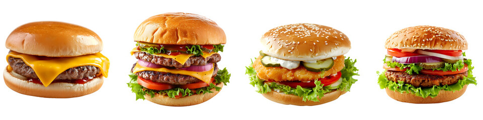 Set of Burgers Including Cheeseburger, Double Cheeseburger, Mackfirst, and Veggie Cheese on Transparent Background